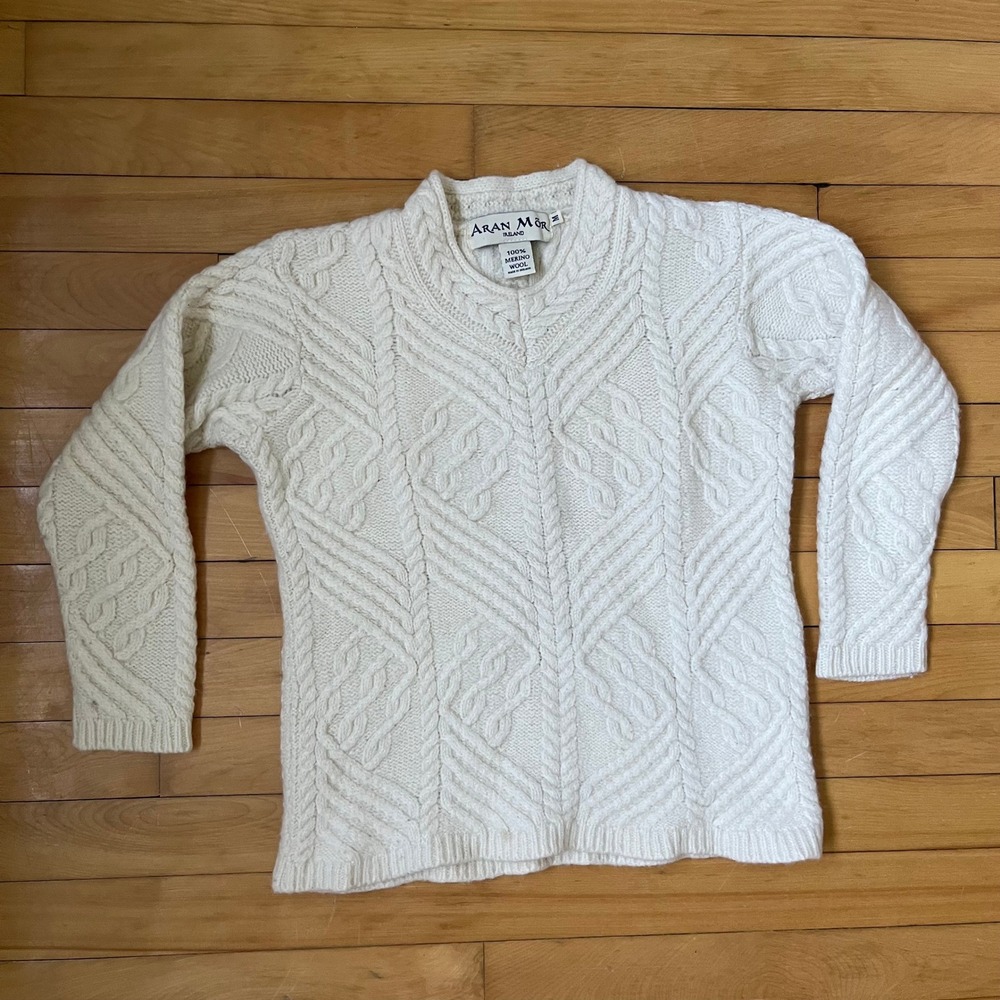Aran Mor Ireland Merino Wool Cable Knit Fisherman Sweater White Mens Medium